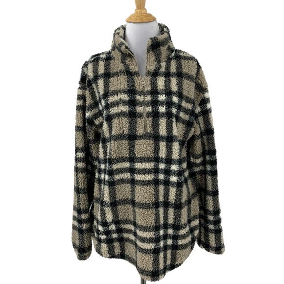 Koolaburra UGG Sweater Womens XS Oversize Check Plaid Fuzzy Sherpa Quarter Zip - Picture 1 of 12
